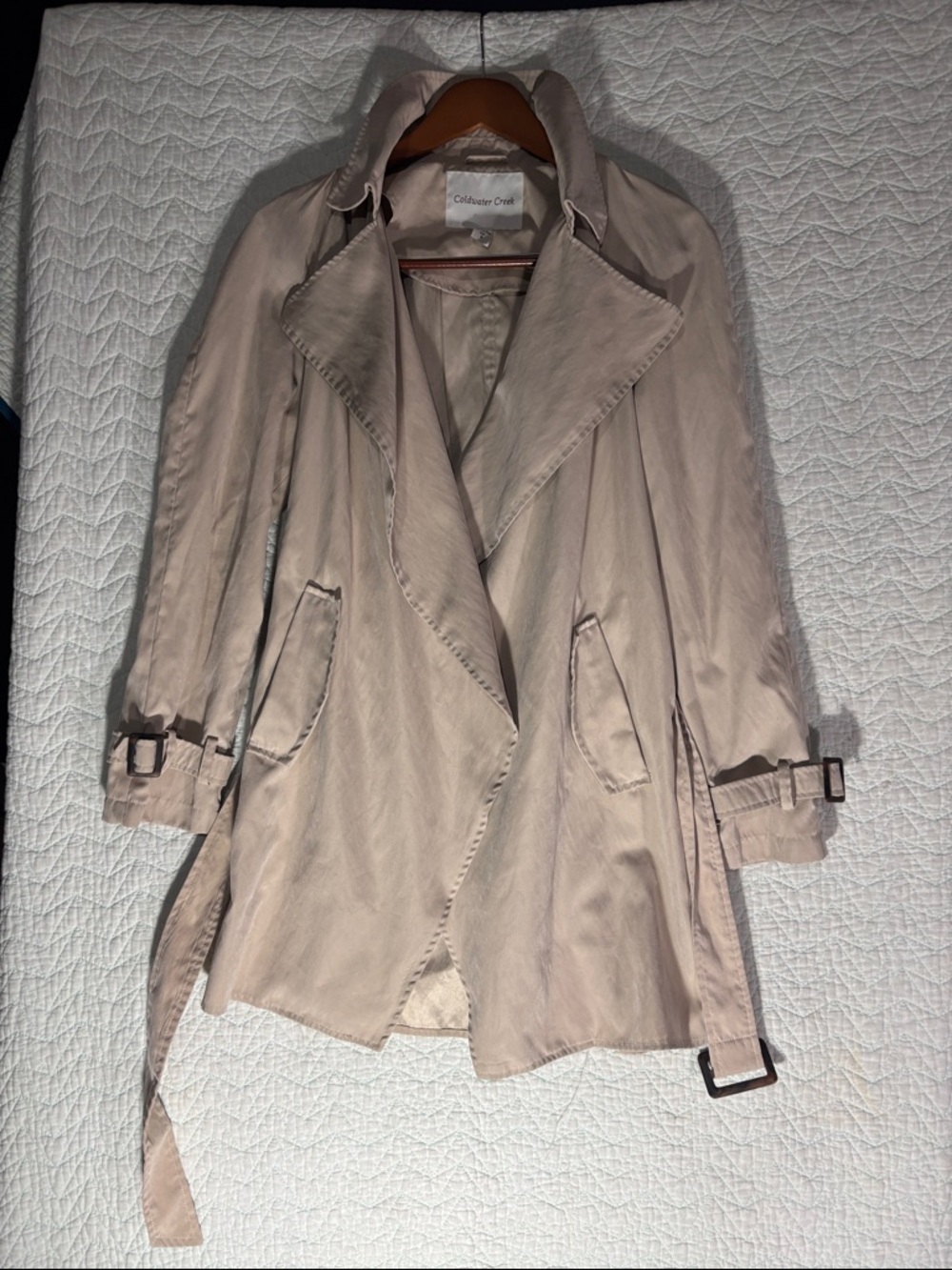 Coldwater Creek Light Beige Draped Trench Coat with Belted Cuffs